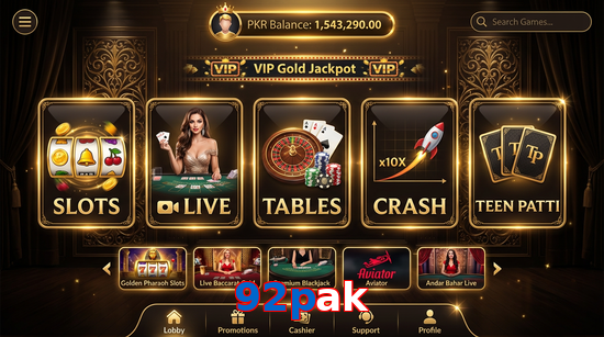 Main screen of 92Pak casino page for PK players
